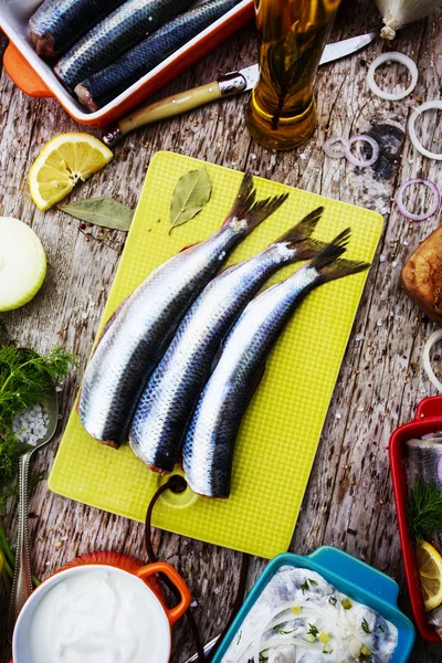 Sill - sallad med grädde, lök, dill-förberedelser bakgrund — Stockfoto