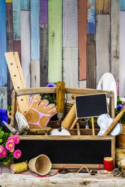 Bahçe aletleri, çiçek ve tohum ahşap arka plan üzerinde