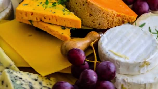 Pieces of different cheeses on plate — Stock Video