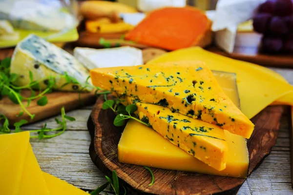 Cheese - different types of cheese on a wooden table — Stock Photo, Image