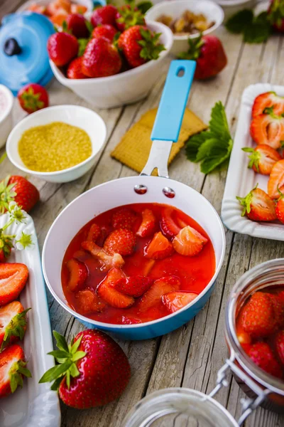 Strawberries - fresh strawberries in the kitchen, seasonal delig — Stock Photo, Image