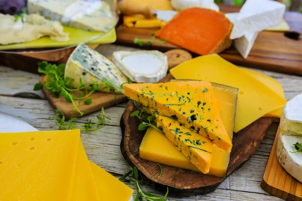 Cheese - different types of cheese on a wooden table — Stock Photo, Image