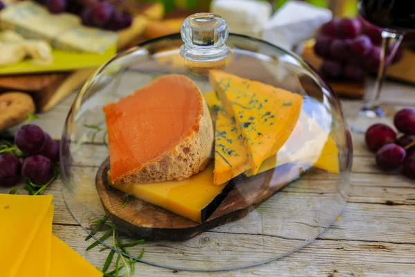 Cheese - different types of cheese on a wooden table — Stock Photo, Image