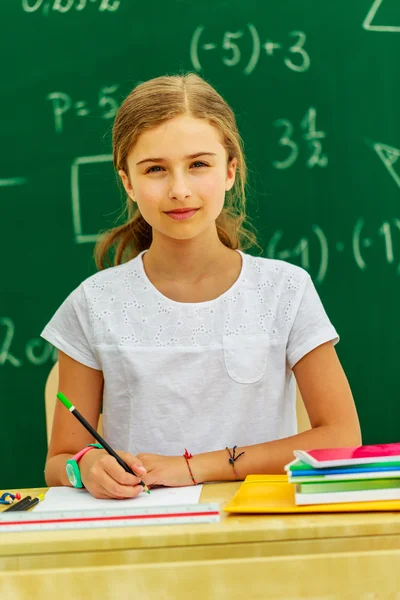 Young schoolgirl in the classroom — Stock Photo, Image