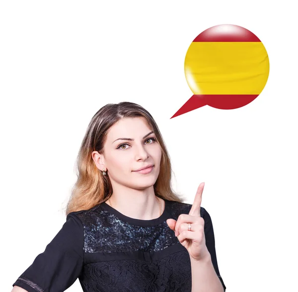 Женщина указывает на пузырь немецким флагом — стоковое фото