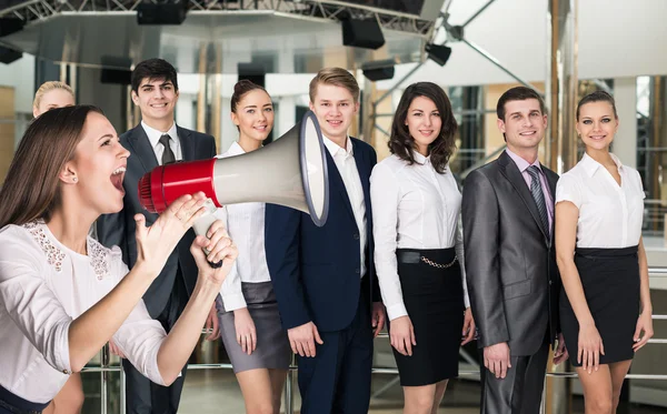 Business woman scream to megaphone — Stock Photo, Image