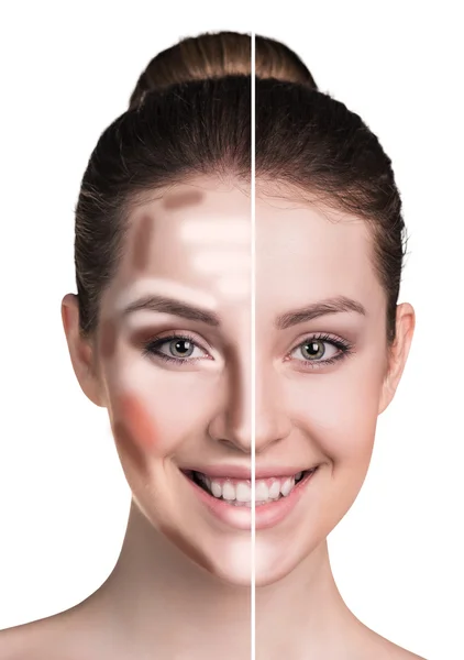 Woman face before and after makeup. — Stock Photo, Image