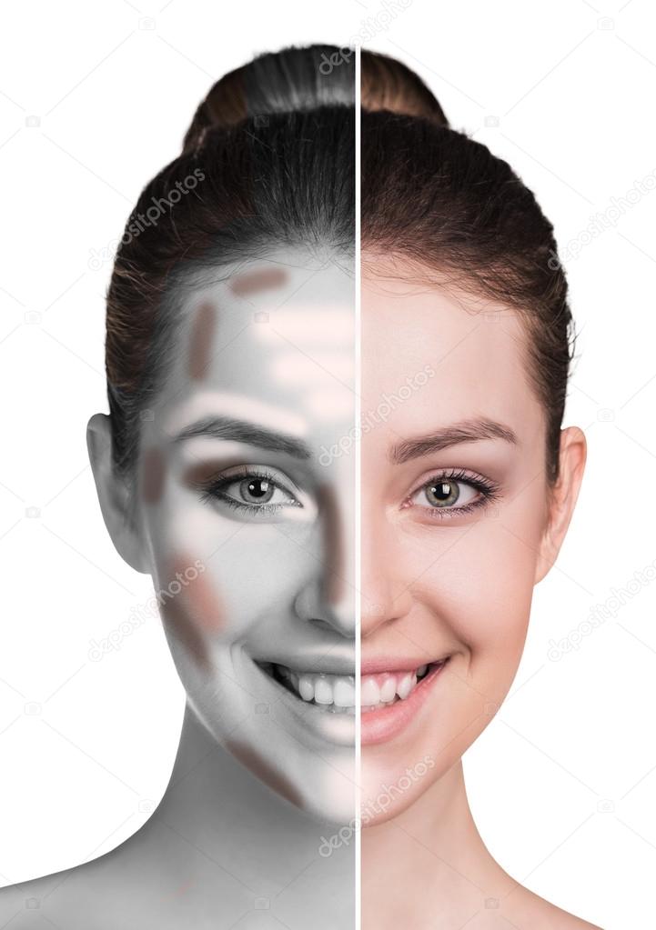 Woman face before and after makeup.