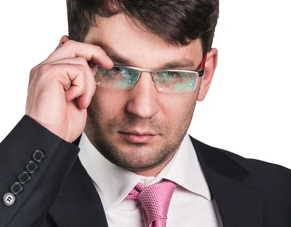 Affärsman som arbetar med en futuristiska glasögon. — Stockfoto