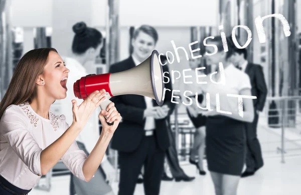 Business woman scream to megaphone — Stock Photo, Image