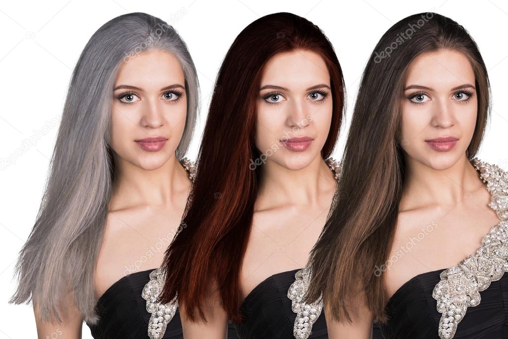 Young woman with long hair in different color