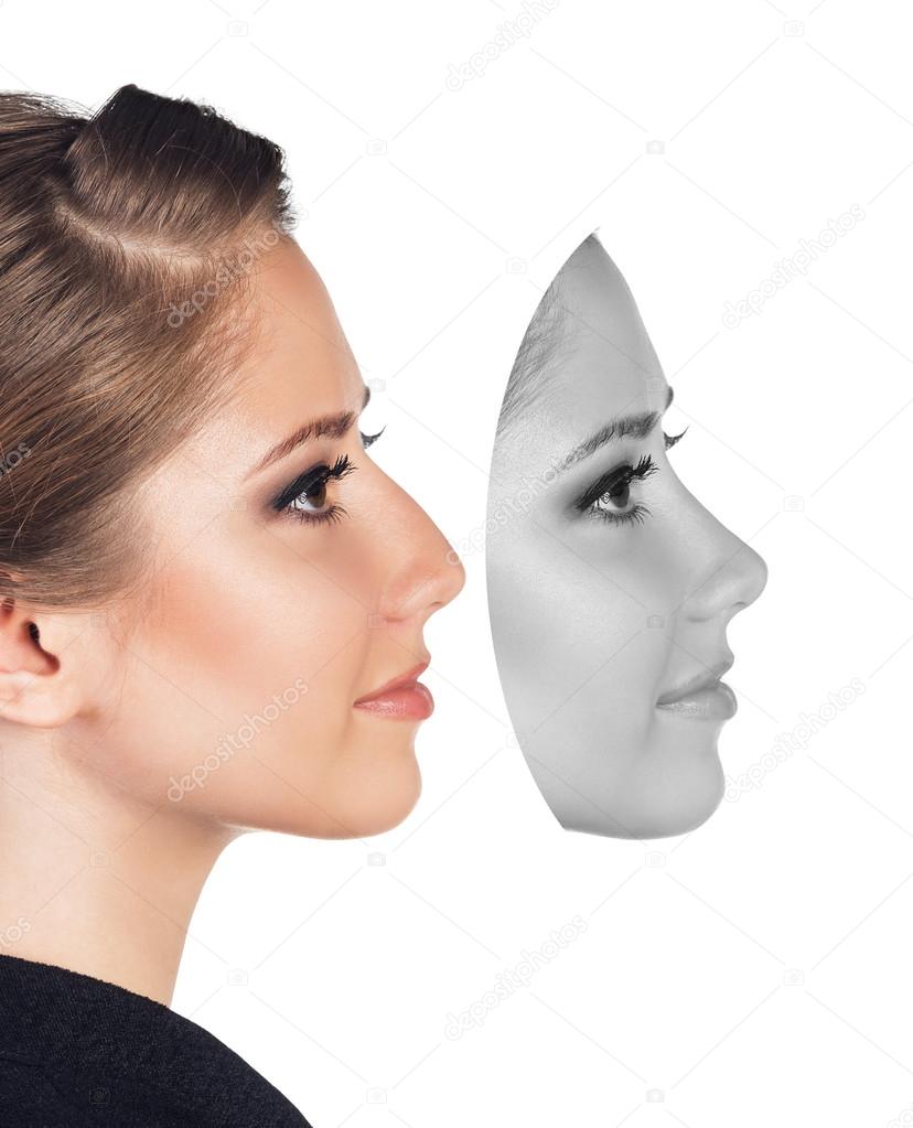 Perfect female face made of different faces