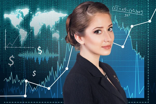 Woman on the traiding graph background — Stock Photo, Image