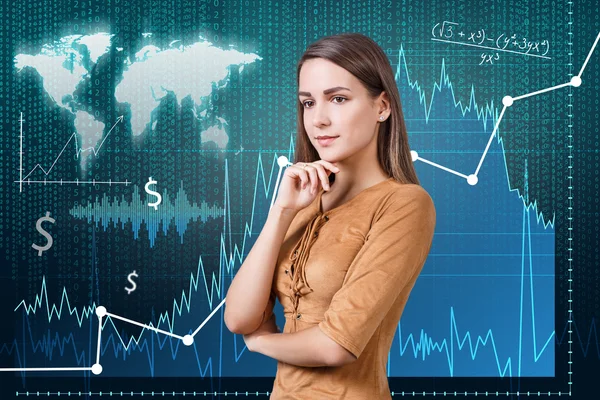 Frau auf dem Hintergrund des Handelsdiagramms — Stockfoto