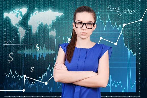 Woman on the traiding graph background — Stock Photo, Image