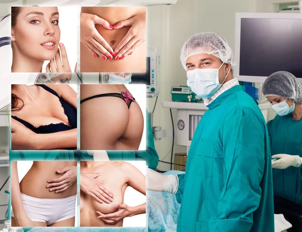 Surgeon stands near collage of woman body — Stock Photo, Image