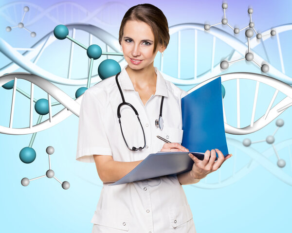Female doctor and dna molecule formula