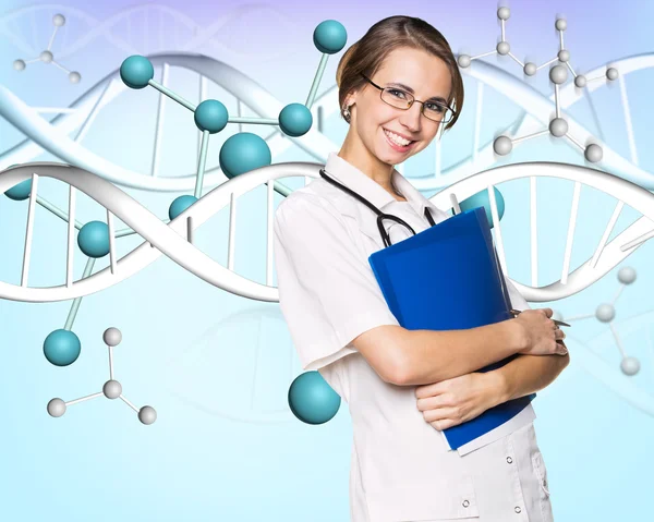 Kobieta lekarz i dna cząsteczki formuły — Zdjęcie stockowe