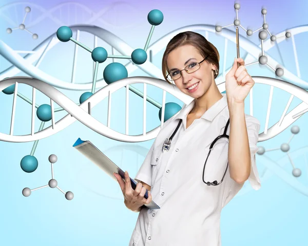 Vrouwelijke arts en dna molecuul formule — Stockfoto
