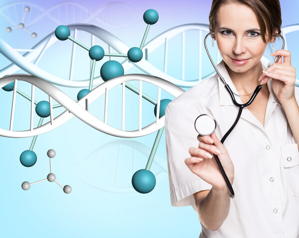 Female doctor and dna molecule formula