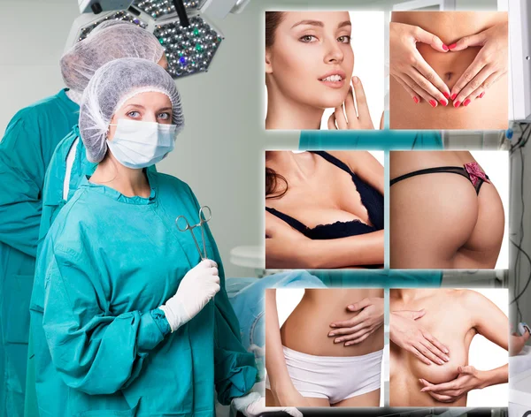 Chirurgo si trova vicino collage del corpo della donna — Foto Stock