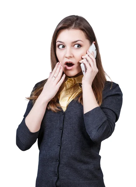 Mulher surpresa fala ao telefone — Fotografia de Stock