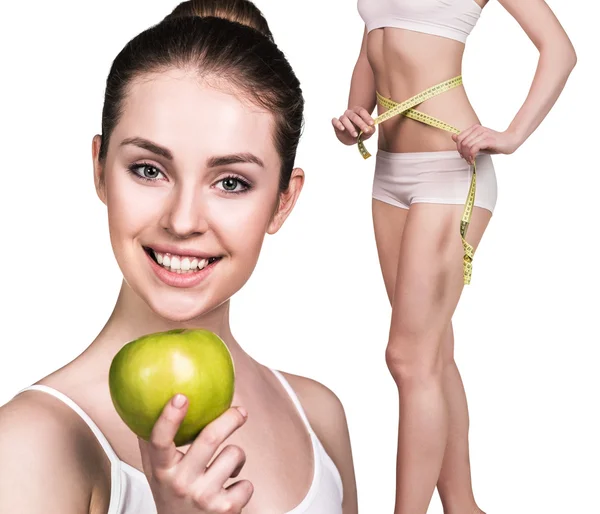 Mujer con manzana y cuerpo perfecto — Foto de Stock