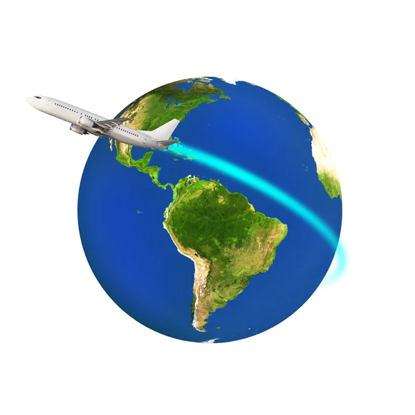 Airplane circling a colorful earth — Stock Photo, Image