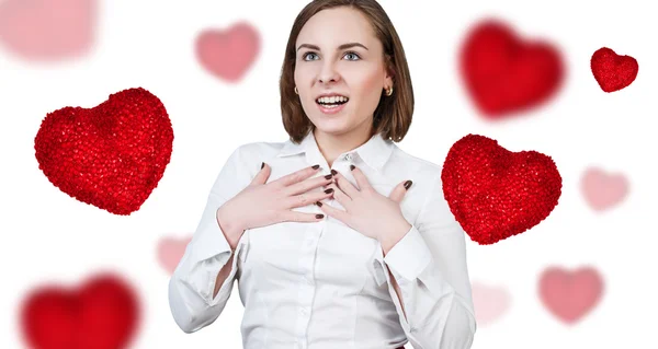 Happy young woman with red heart box — Stock Photo, Image