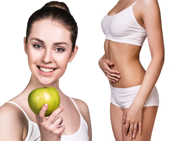 Kvinna med äpple och perfekt kropp — Stockfoto