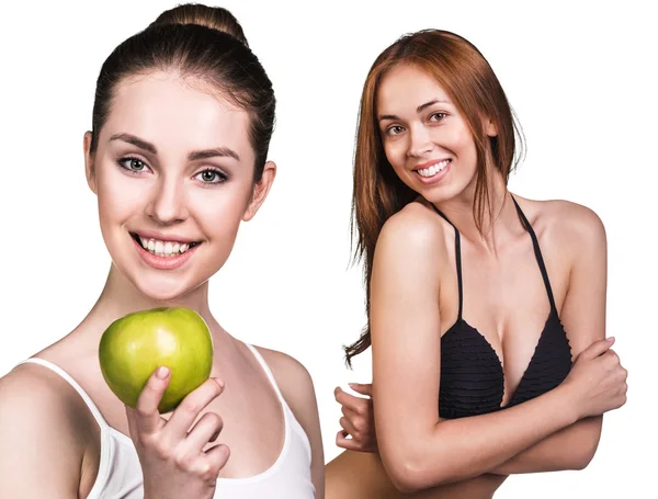 Mujer con manzana y cuerpo perfecto — Foto de Stock