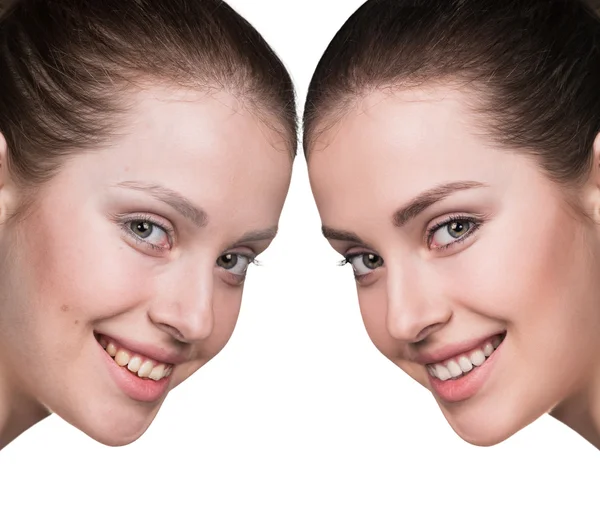 Young woman without and with makeup — Stock Photo, Image