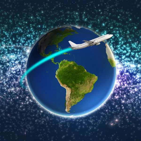 Airplane circling a colorful earth — Stock Photo, Image