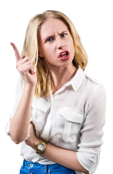 Angry young woman threatening by finger — Stock Photo, Image