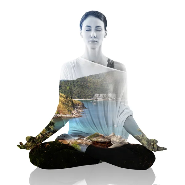 Meditasyon kadının çift pozlama — Stok fotoğraf