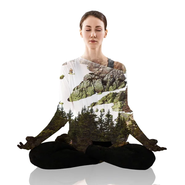 Doble exposición de la mujer meditando — Foto de Stock