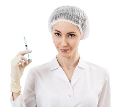 şırınga tutarak ciddi doktor kadın portresi
