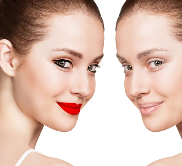 Portrait of woman with and without makeup — Stock Photo, Image