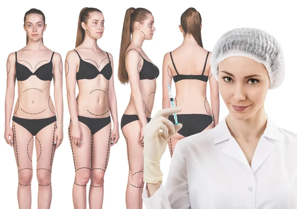 女性医師と彼女の体に矢印を持つ女性 — ストック写真