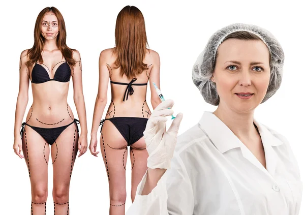 Ženský lékař a žena s šipkami na její tělo — Stock fotografie