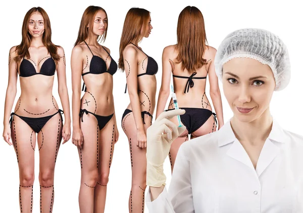 Ženský lékař a žena s šipkami na její tělo — Stock fotografie