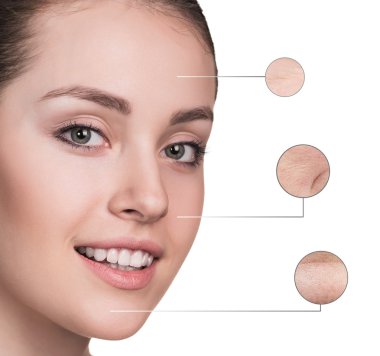 Güzel genç kadın yüzü zum kırışıklıklar ile