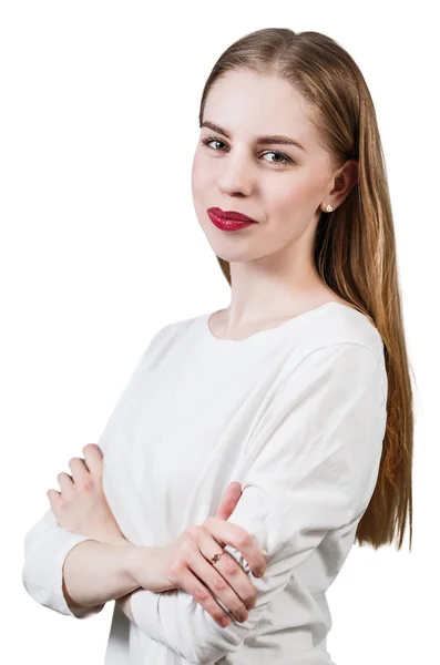 Jonge vrouw met gekruiste handen — Stockfoto