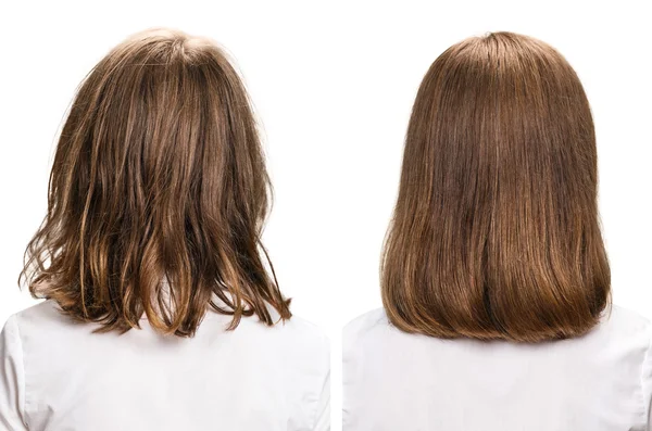 Cheveux avant et après le traitement . — Photo
