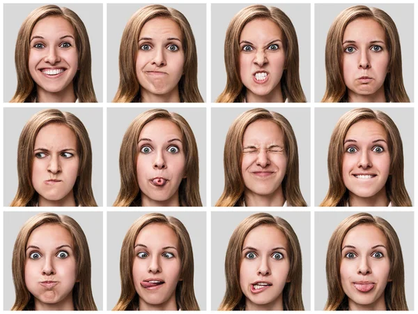 Junge Frau drückt unterschiedliche Gefühle aus — Stockfoto