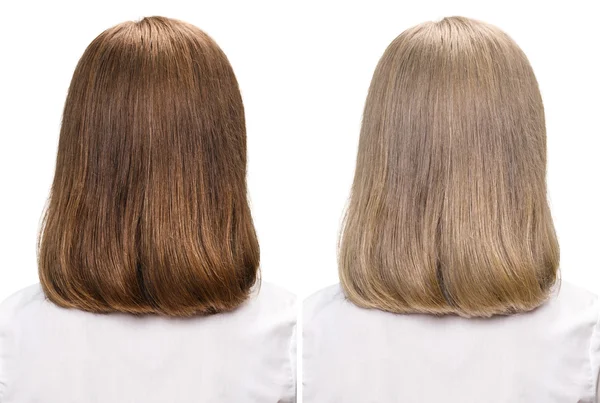 Женщина до и после окрашивания волос — стоковое фото