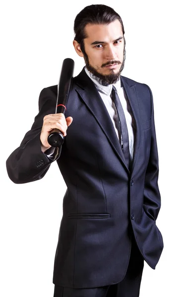 Бизнесмен в костюме с бейсбольной битой — стоковое фото