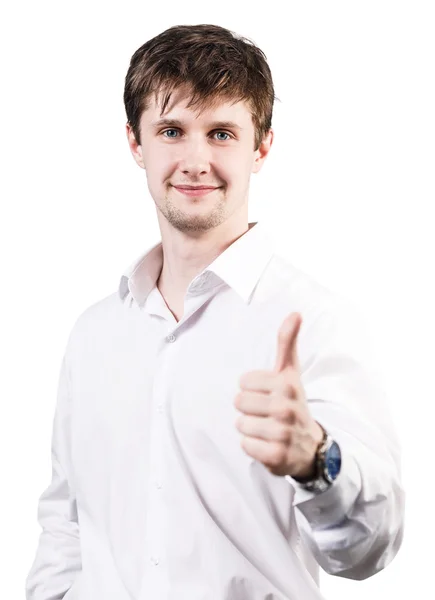 Hombre de negocios sonriente con el pulgar hacia arriba — Foto de Stock