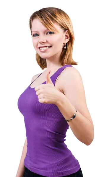 Prachtige jonge vrouw tonen grote duimen omhoog — Stockfoto