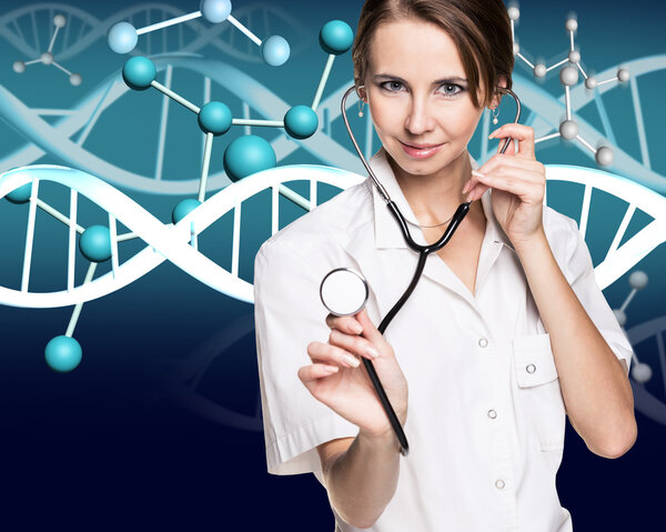 Doctor in white coat and dna molecule formula